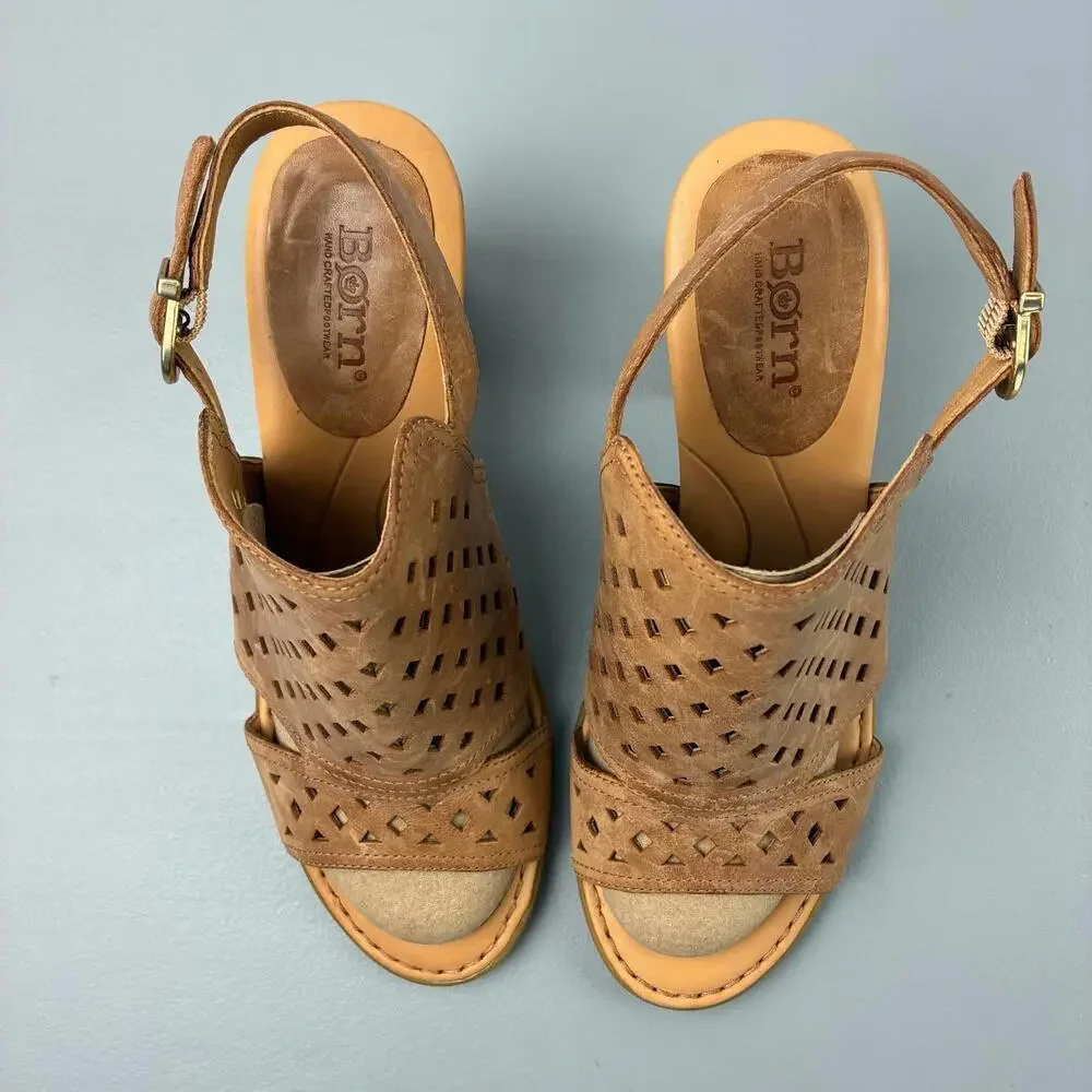 Born Women's Brown Leather Open-Toe Block Heel Sandals